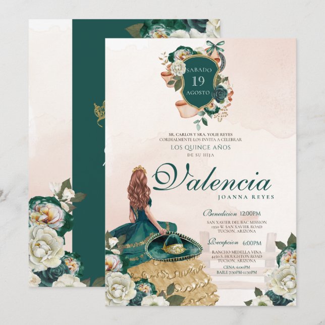 Emerald Green Gold Floral Crest Charra Quinceanera Invitation (Front/Back)