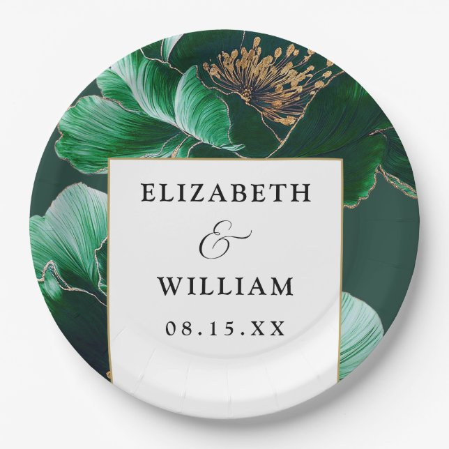Emerald Green Gold Floral Elegant Modern Wedding Paper Plates (Front)