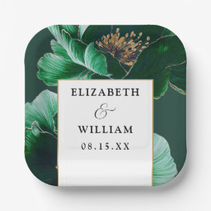 Emerald Green Gold Floral Elegant Modern Wedding Paper Plates