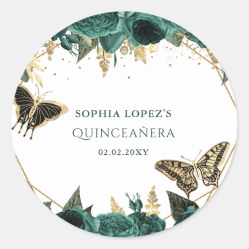 Emerald Green Gold Floral Elegant Quinceanera  Classic Round Sticker