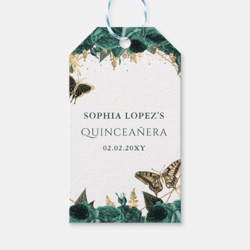 Emerald Green Gold Floral Elegant Quinceanera   Gift Tags