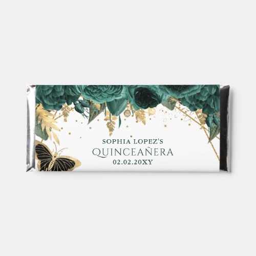 Emerald Green Gold Floral Elegant Quinceanera  Hershey Bar Favors