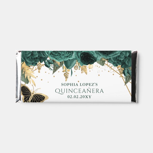 Emerald Green Gold Floral Elegant Quinceanera  Hershey Bar Favors (Front)