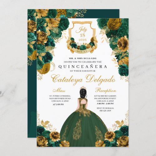 Emerald Green  Gold Floral Elegant Quinceaera Invitation