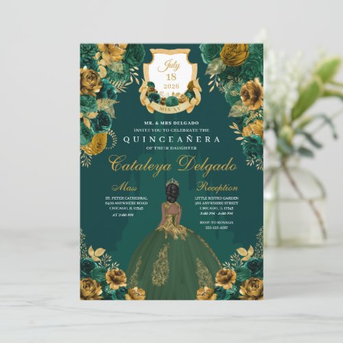 Emerald Green  Gold Floral Elegant Quinceaera Invitation