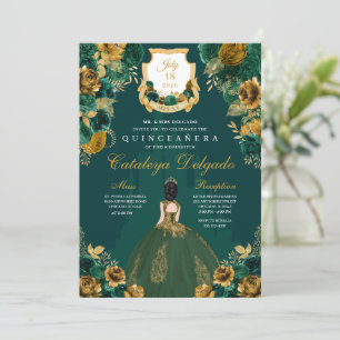 Emerald Green & Gold Floral Elegant Quinceañera Invitation
