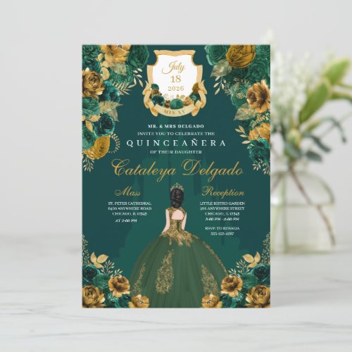Emerald Green  Gold Floral Elegant Quinceaera Invitation