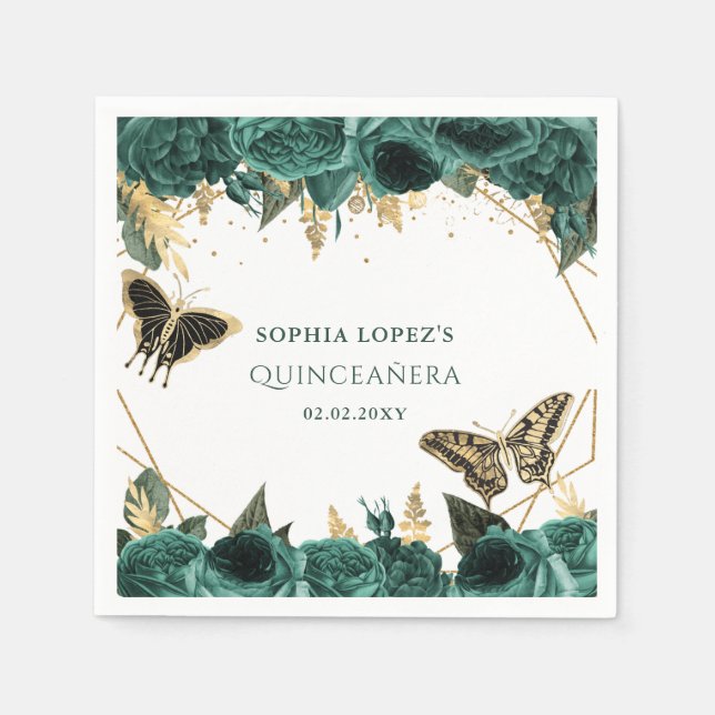 Emerald Green Gold Floral Elegant Quinceanera  Napkins (Front)