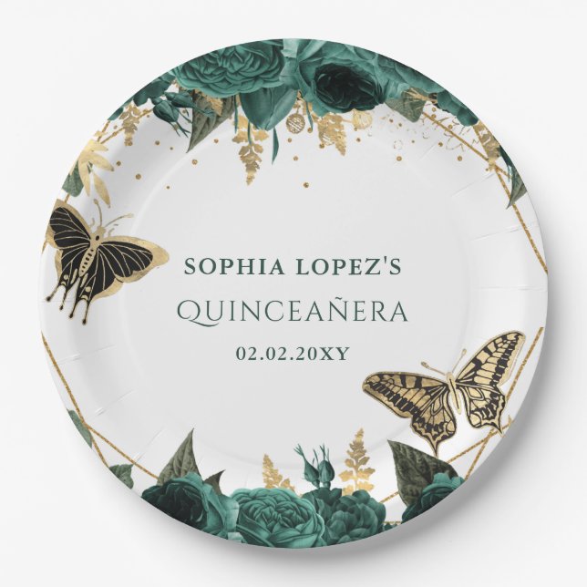 Emerald Green Gold Floral Elegant Quinceanera  Paper Plates (Front)