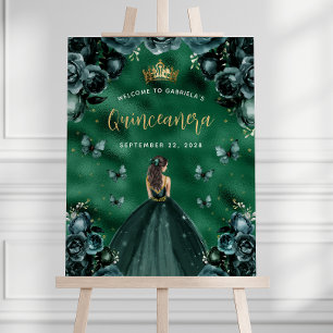 Emerald Green Gold Floral Foil Quinceañera Welcome Foam Board