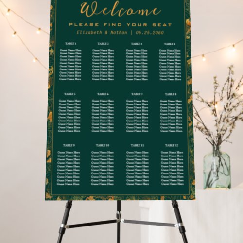 Emerald Green  Gold Floral Frame Seating Chart Foam Board