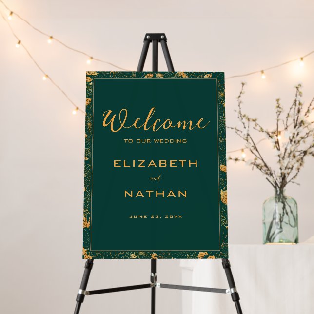 Emerald Green & Gold Floral Frame Wedding Welcome Foam Board (In Situ (Stand))