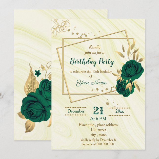 emerald green gold floral geometric birthday party invitation (Front/Back)
