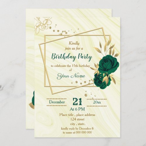 emerald green gold floral geometric birthday party invitation