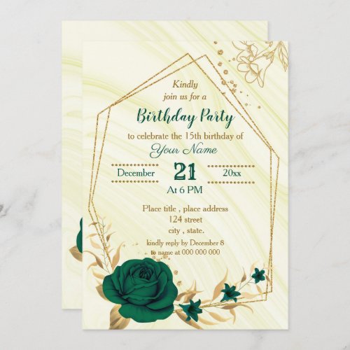 emerald green gold floral geometric birthday party invitation