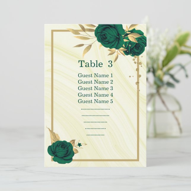 emerald green gold floral geometric seating chart invitation (Standing Front)