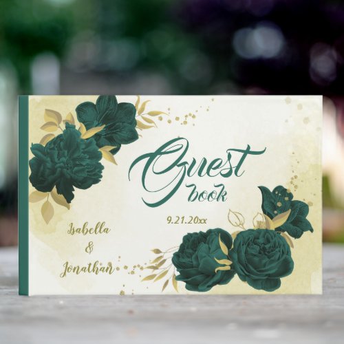 Emerald green gold floral guest book