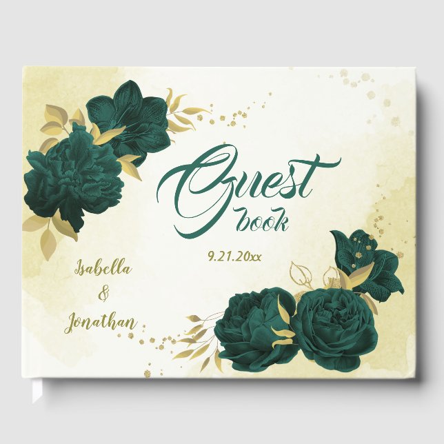 Emerald green gold floral guest book (Front)