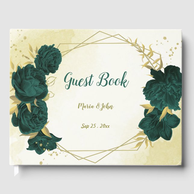 Emerald green gold floral guest book (Front)