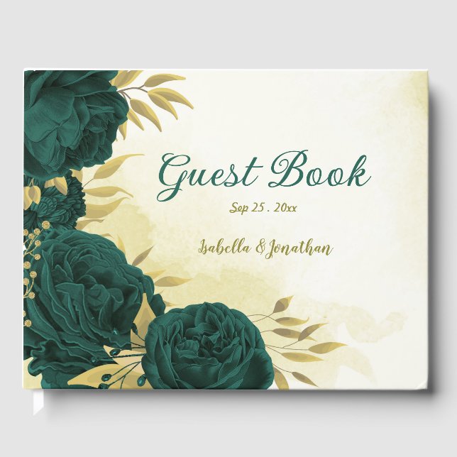 Emerald green gold floral guest book (Front)