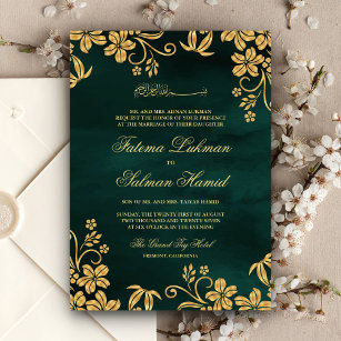 Emerald Green Gold Floral Islamic Muslim Wedding Invitation