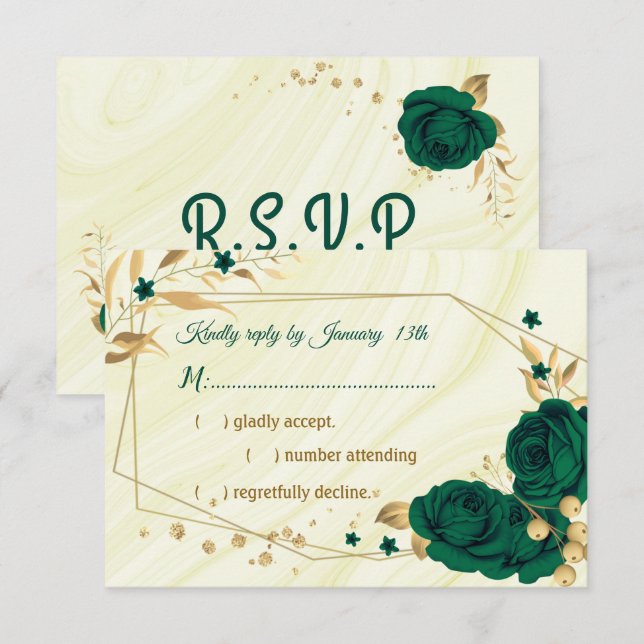 emerald green gold floral marble geometric RSVP card (Front/Back)