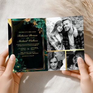 Emerald Green Gold Floral Marble QR Code Wedding Invitation