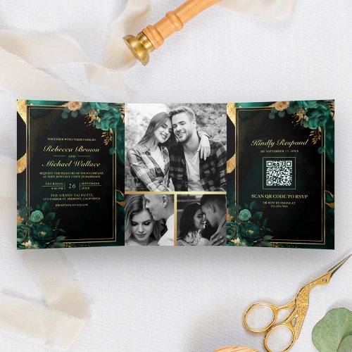 Emerald Green Gold Floral Marble QR Code Wedding Tri_Fold Invitation