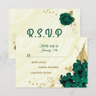 emerald green gold floral marble RSVP card
