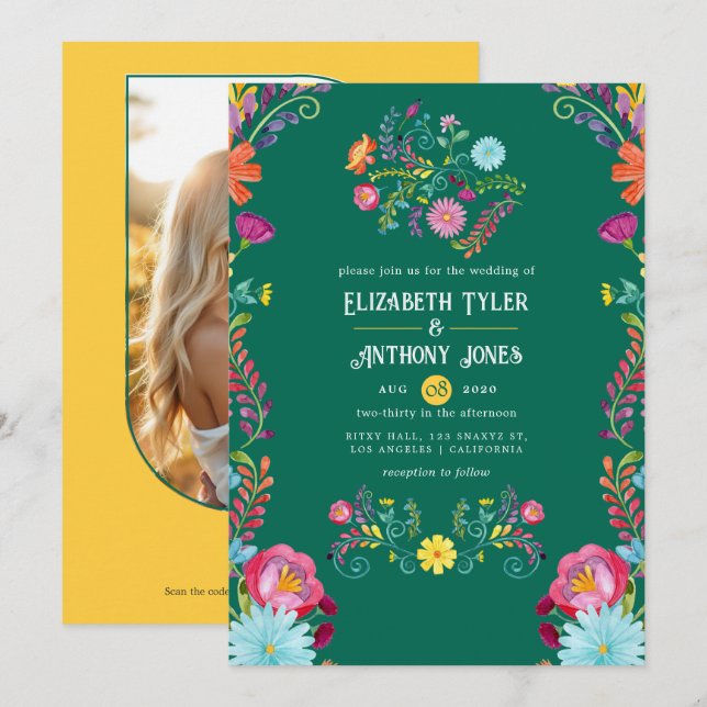 Emerald Green & Gold Floral Mexican Fiesta Wedding Invitation (Front/Back)