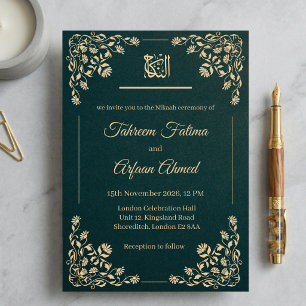 Emerald Green Gold Floral Nikkah Muslim Wedding Invitation