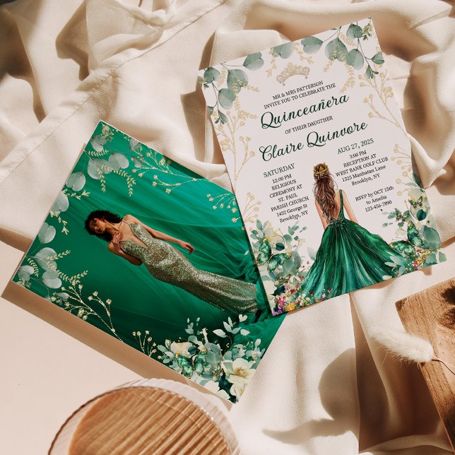 Emerald Green Gold Floral Photo Quinceanera Invitation (Creator Uploaded)