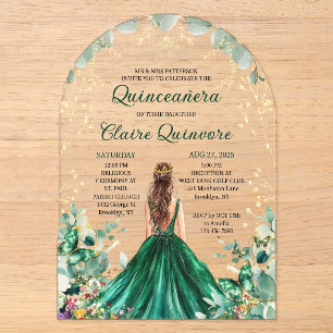 Emerald Green Gold Floral Princess Quinceanera Acrylic Invitations