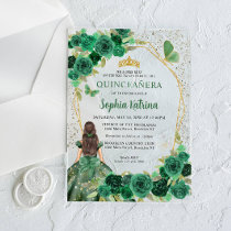 Emerald Green Gold Floral Princess Quinceañera Acrylic Invitations