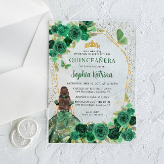 Emerald Green Gold Floral Princess Quinceañera Acrylic Invitations