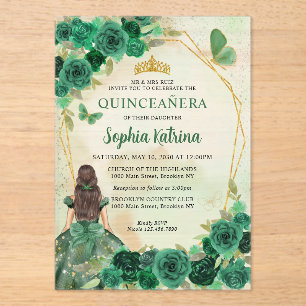 Emerald Green Gold Floral Princess Quinceañera Acrylic Invitations