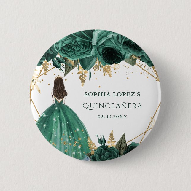 Emerald Green Gold Floral Princess Quinceanera   Button (Front)