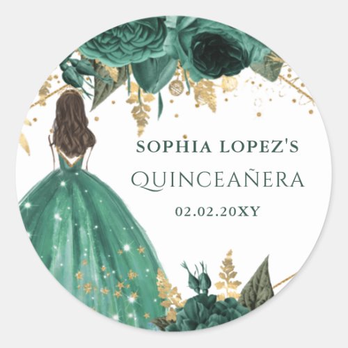 Emerald Green Gold Floral Princess Quinceanera   Classic Round Sticker