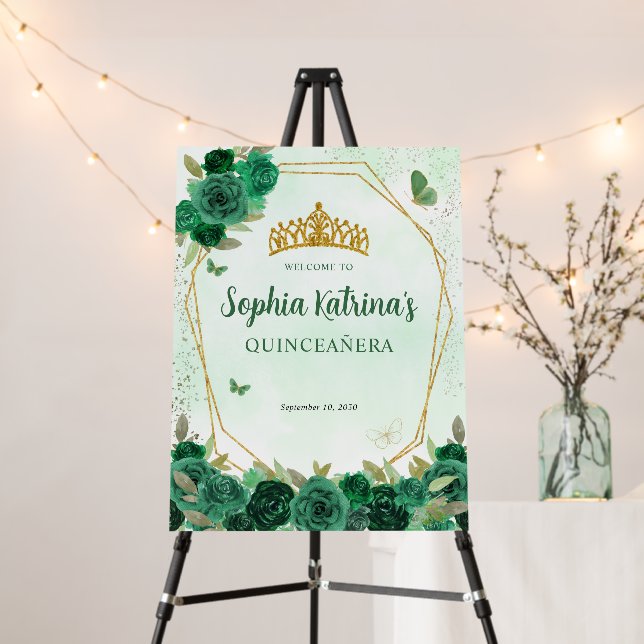 Emerald Green Gold Floral Princess Quinceañera Foam Board (In Situ (Stand))