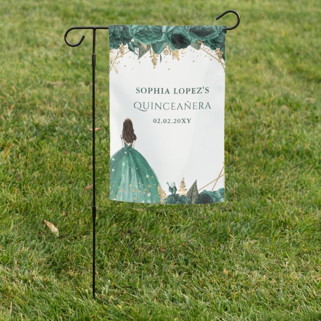 Emerald Green Gold Floral Princess Quinceanera    Garden Flag (In SItu)
