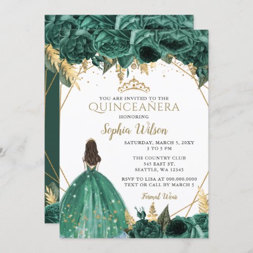 Emerald Green Gold Floral Princess Quinceaera  In Invitation
