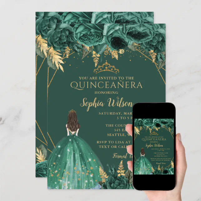 Emerald Green Gold Floral Princess Quinceañera In Invitation Zazzle