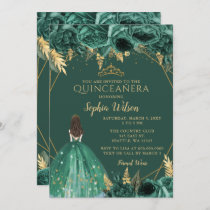 Emerald Green Gold Floral Princess Quinceañera  In Invitation