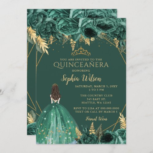 Emerald Green Gold Floral Princess Quinceaera  In Invitation