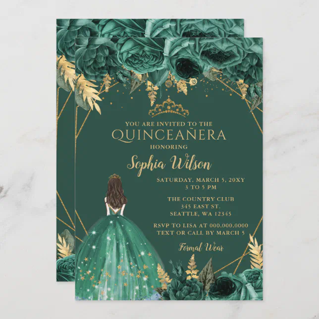 Emerald Green Gold Floral Princess Quinceañera In Invitation | Zazzle