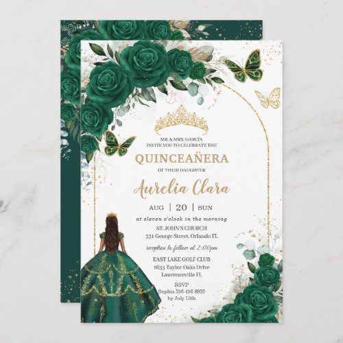 Emerald Green Gold Floral Princess Quinceaera  Invitation