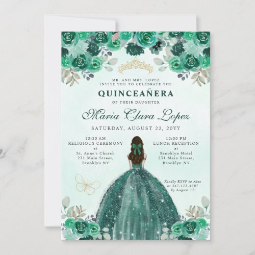 Emerald Green Gold Floral Princess Quinceaera Invitation