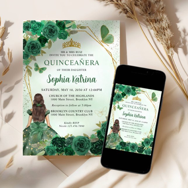 Emerald Green Gold Floral Princess Quinceañera Invitation (Creator Uploaded)
