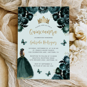 Emerald Green Gold Floral Princess Quinceañera Invitation