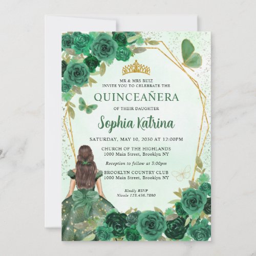 Emerald Green Gold Floral Princess Quinceaera Invitation